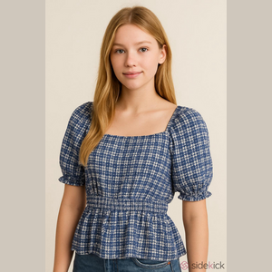 BELLDINI BLUE FLORAL/ VICHY BLOUSE SIZE MEDIUM